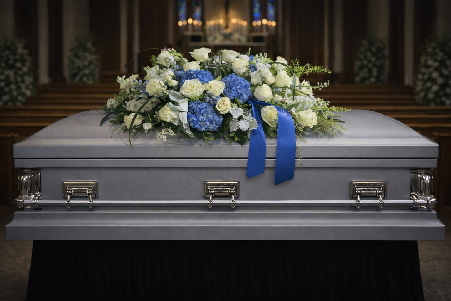 Blue and white casket spray with cross